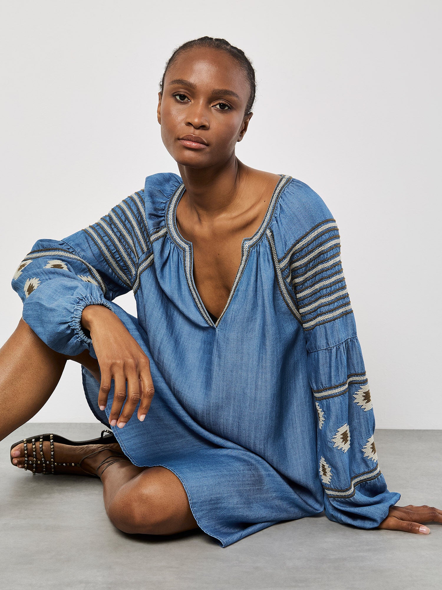 APRICOT AZTEC EMBROIDERED DENIM DRESS