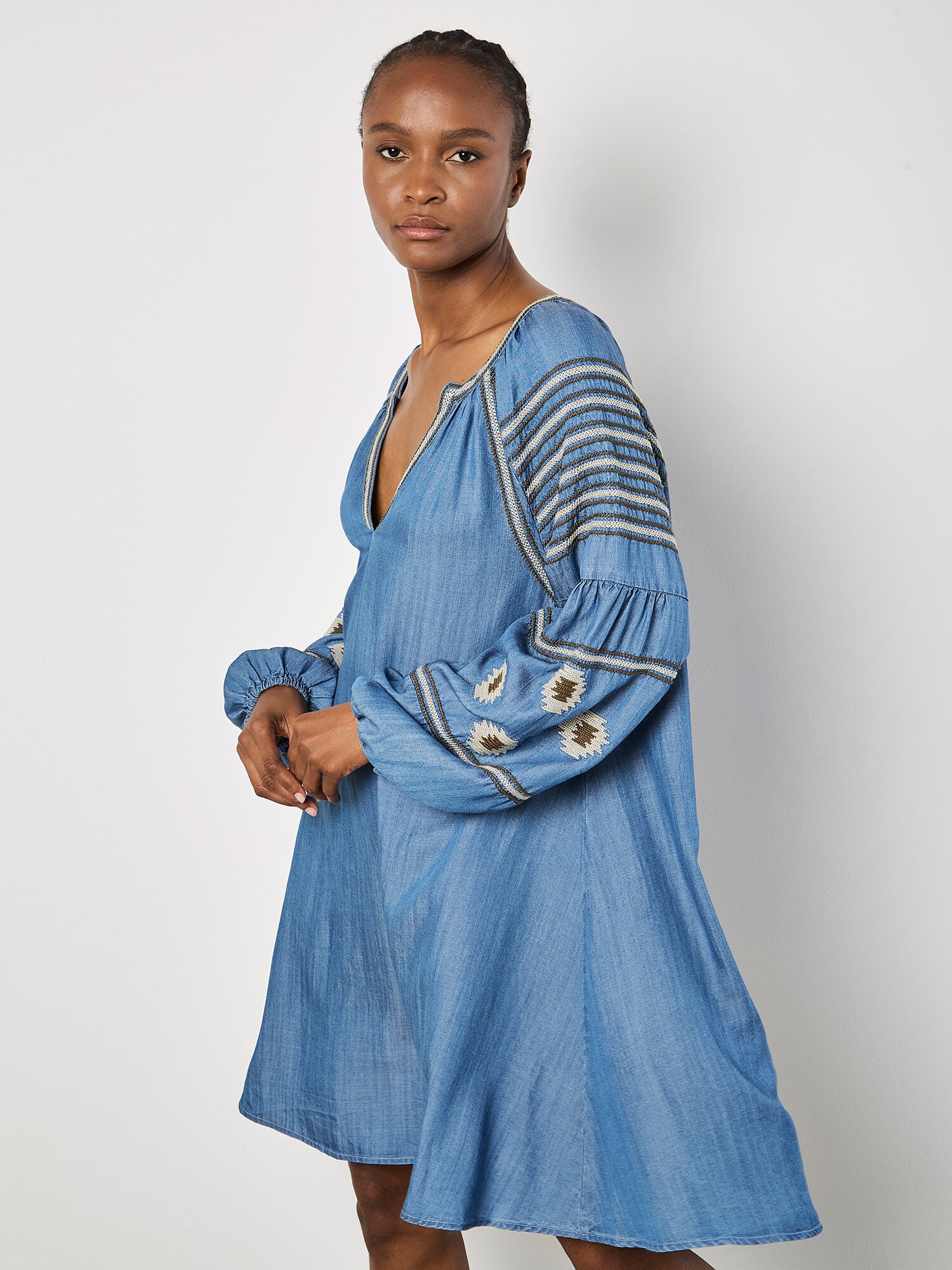 APRICOT AZTEC EMBROIDERED DENIM DRESS