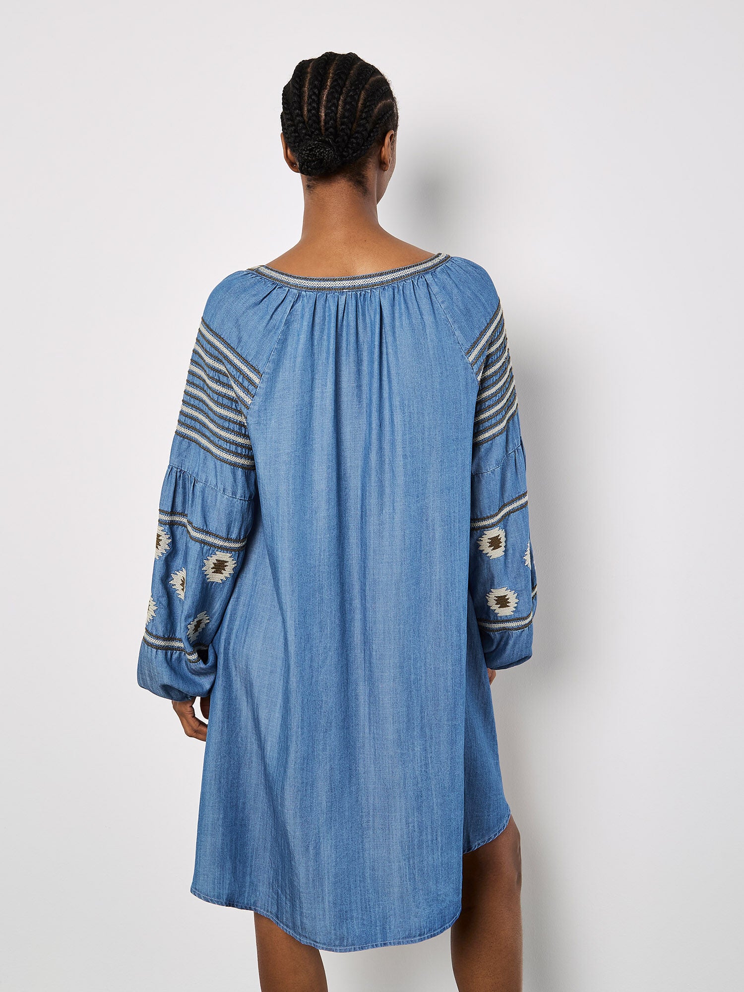 APRICOT AZTEC EMBROIDERED DENIM DRESS