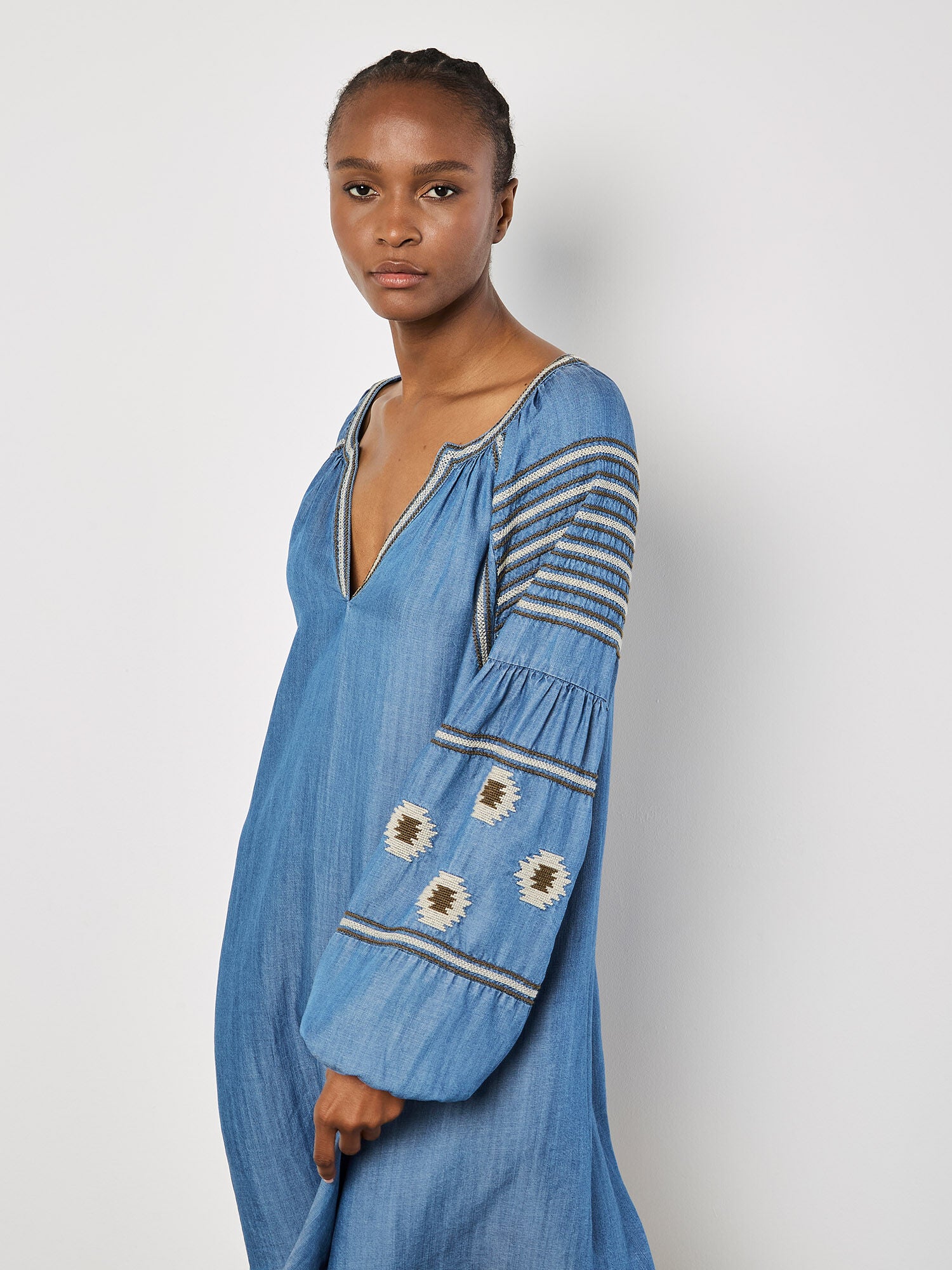 APRICOT AZTEC EMBROIDERED DENIM DRESS