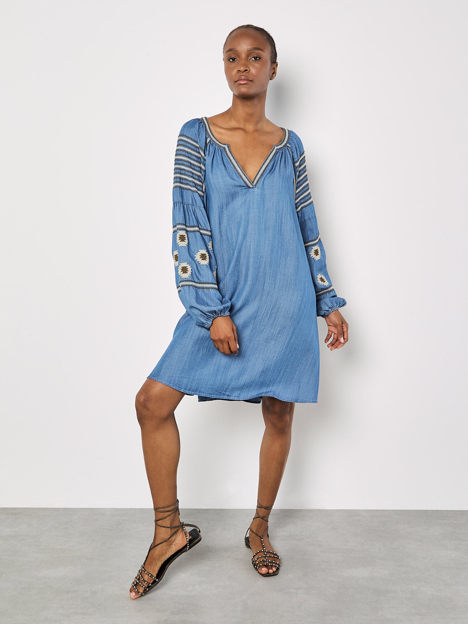 APRICOT AZTEC EMBROIDERED DENIM DRESS