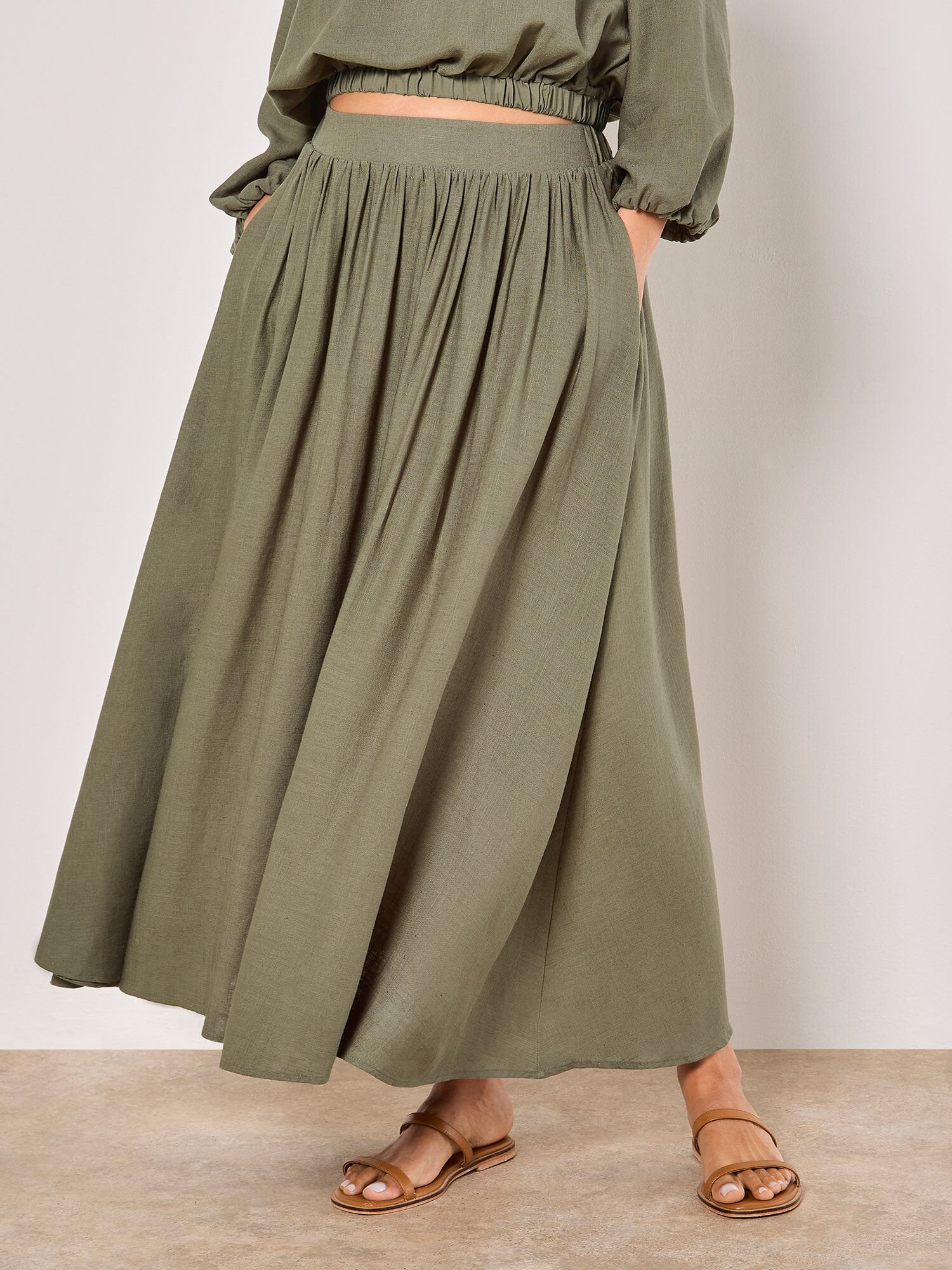 APRICOT LINEN BLEND GATHERED A LINE MAXI SKIRT