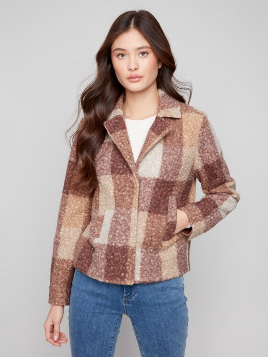 CHARLI B KNIT PLAID BOUCLE JACKET