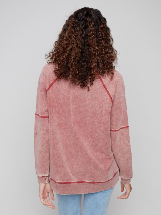 CHARLI B COLD DYE FRENCH TERRY V NECK RAGLAN SLEEVE TOP