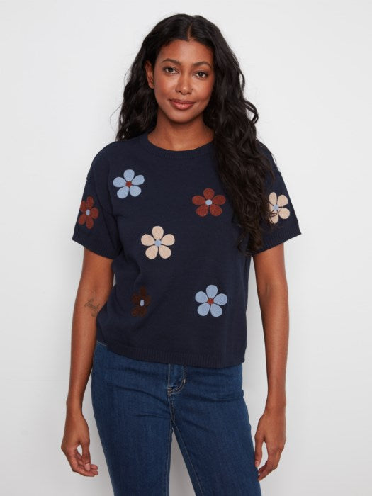 CHARLI B COTTON SHORT SLEEVE APPLIQUE SWEATER