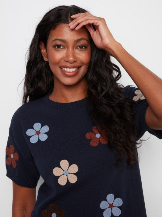 CHARLI B COTTON SHORT SLEEVE APPLIQUE SWEATER