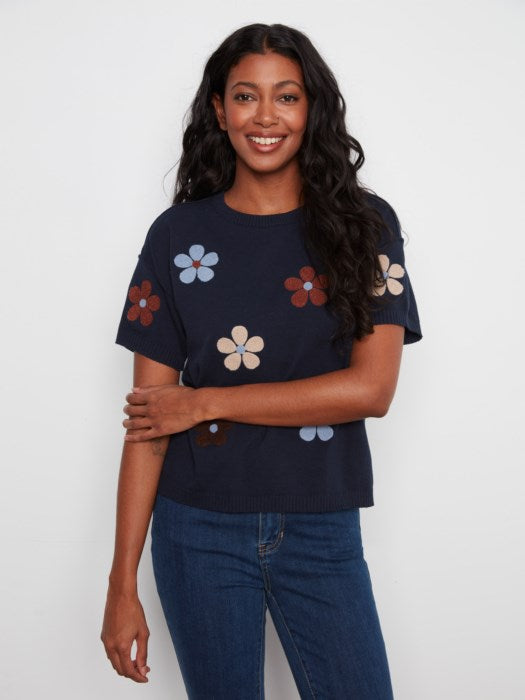CHARLI B COTTON SHORT SLEEVE APPLIQUE SWEATER