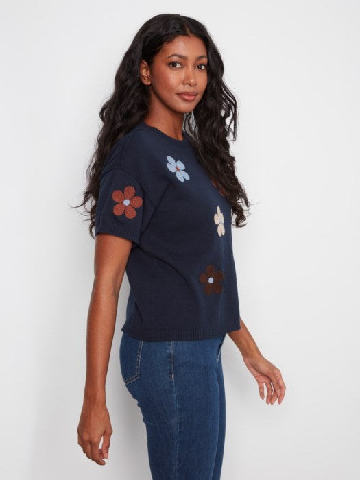 CHARLI B COTTON SHORT SLEEVE APPLIQUE SWEATER