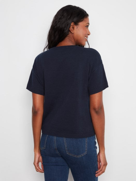 CHARLI B COTTON SHORT SLEEVE APPLIQUE SWEATER