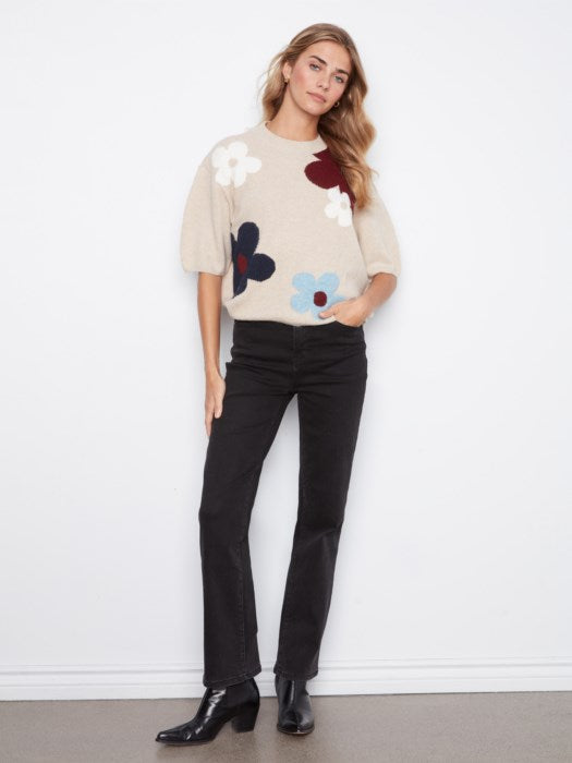 CHARLI B ELBOW SLEEVE BIG FLOWER SWEATER