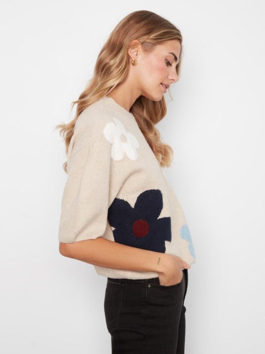 CHARLI B ELBOW SLEEVE BIG FLOWER SWEATER