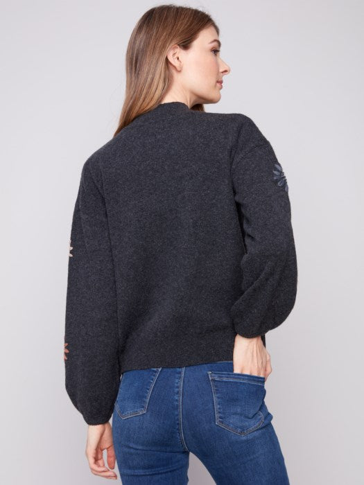 CHARLI B MOCK NECK EMBROIDERED FLOWER SWEATER