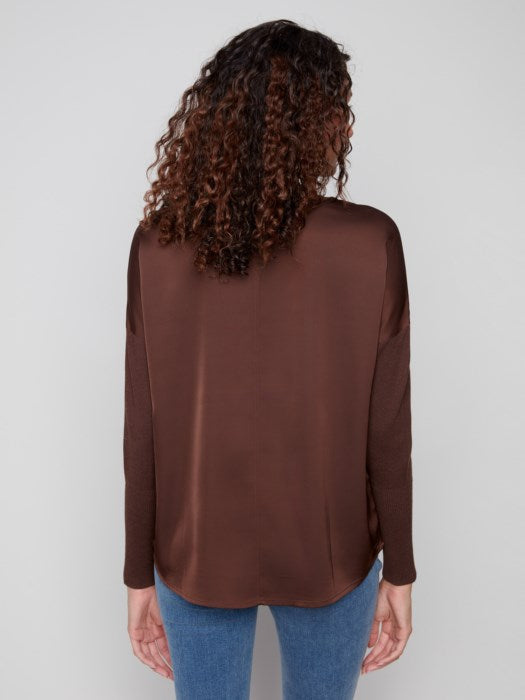 CHARLI B MOCK NECK SATIN KNIT COMBO TOP