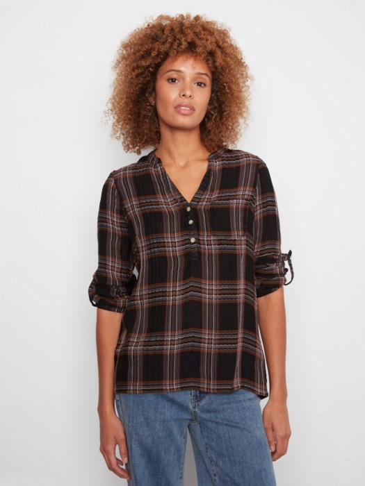 CHARLI B DOUBLE COTTON GAUZE ROLL UP SLEEVE BLOUSE