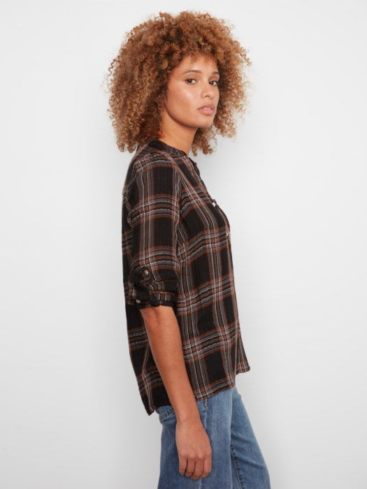 CHARLI B DOUBLE COTTON GAUZE ROLL UP SLEEVE BLOUSE