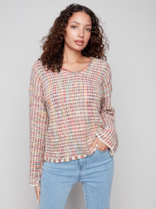 CHARLI B V NECK MELANGE CROCHET KNIT SWEATER