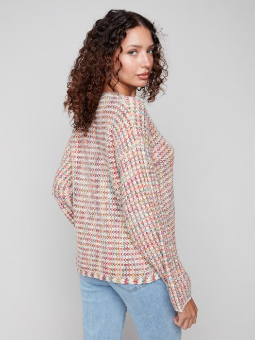 CHARLI B V NECK MELANGE CROCHET KNIT SWEATER