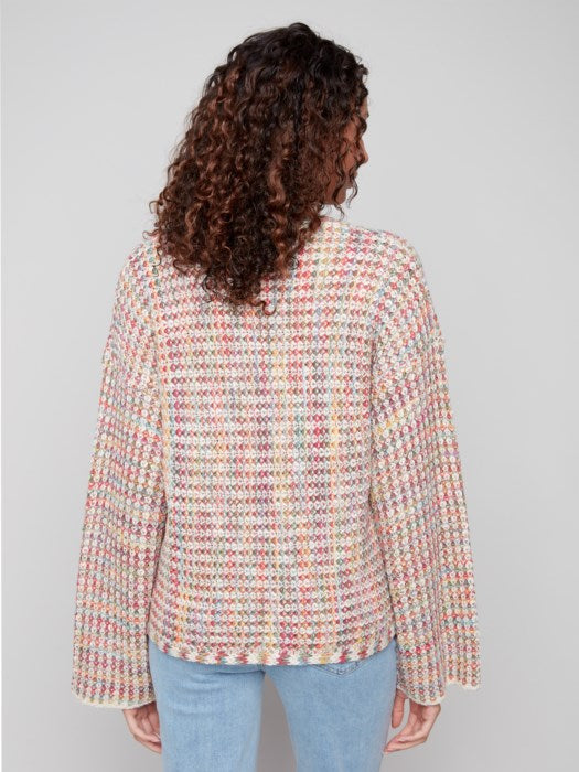 CHARLI B V NECK MELANGE CROCHET KNIT SWEATER