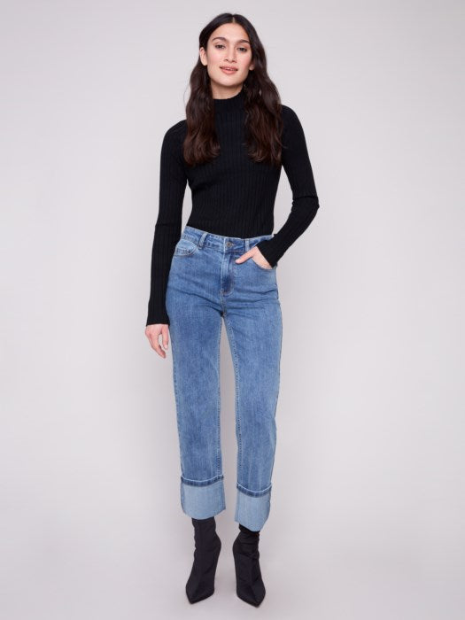 CHARLI B WIDE CUFF STRAIGHT LEG STRETCH JEANS