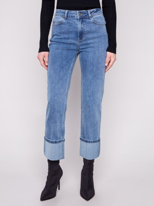 CHARLI B WIDE CUFF STRAIGHT LEG STRETCH JEANS