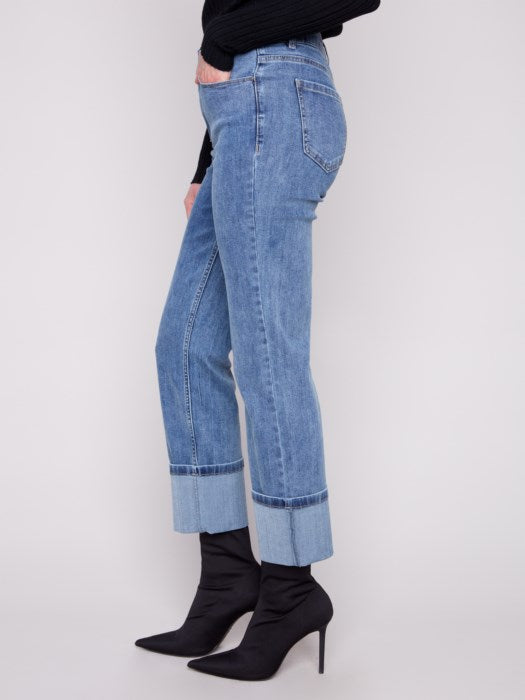 CHARLI B WIDE CUFF STRAIGHT LEG STRETCH JEANS