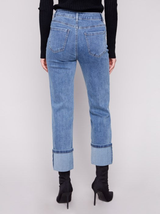 CHARLI B WIDE CUFF STRAIGHT LEG STRETCH JEANS