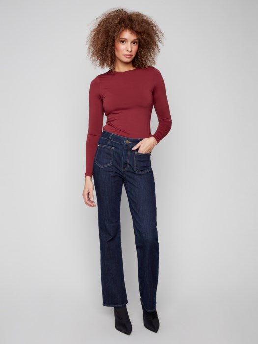 CHARLI B BABY FLARE DARK WASH PATCH POCKET JEAN