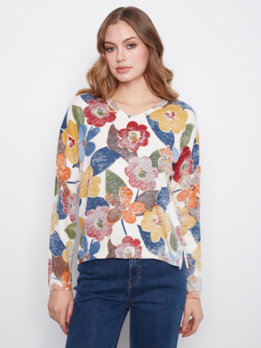 CHARLI B REVERSIBLE FLORAL PRINT SWEATER