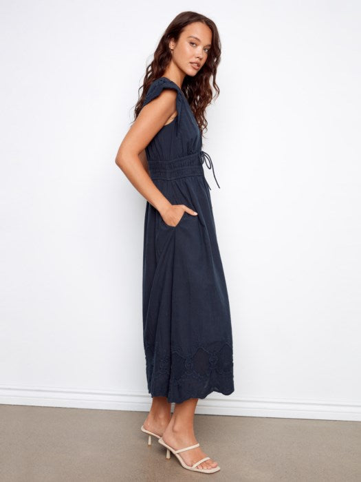 CHARLI B EMBROIDERED V NECK MIDI DRESS