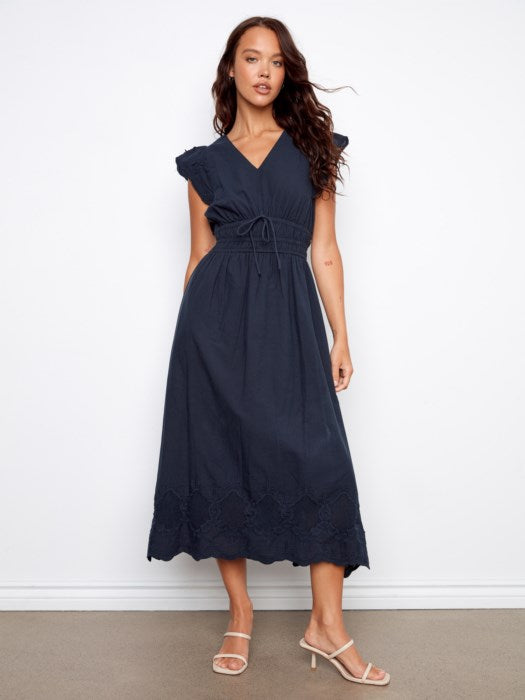 CHARLI B EMBROIDERED V NECK MIDI DRESS