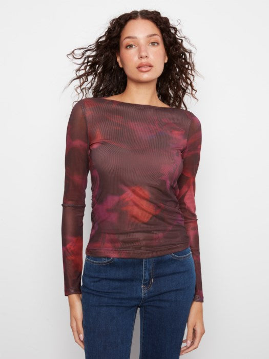 CHARLI B PRINTED MESH FITTED LONG SLEEVE TOP