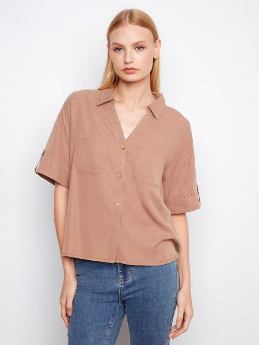 CHARLI B SHORT SLEEVE TENCEL BUTTON FRONT TOP