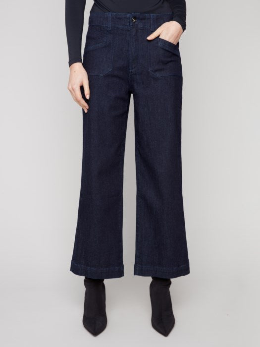 CHARLI B CROPPED WIDE LEG STRETCH TWILL PANTS