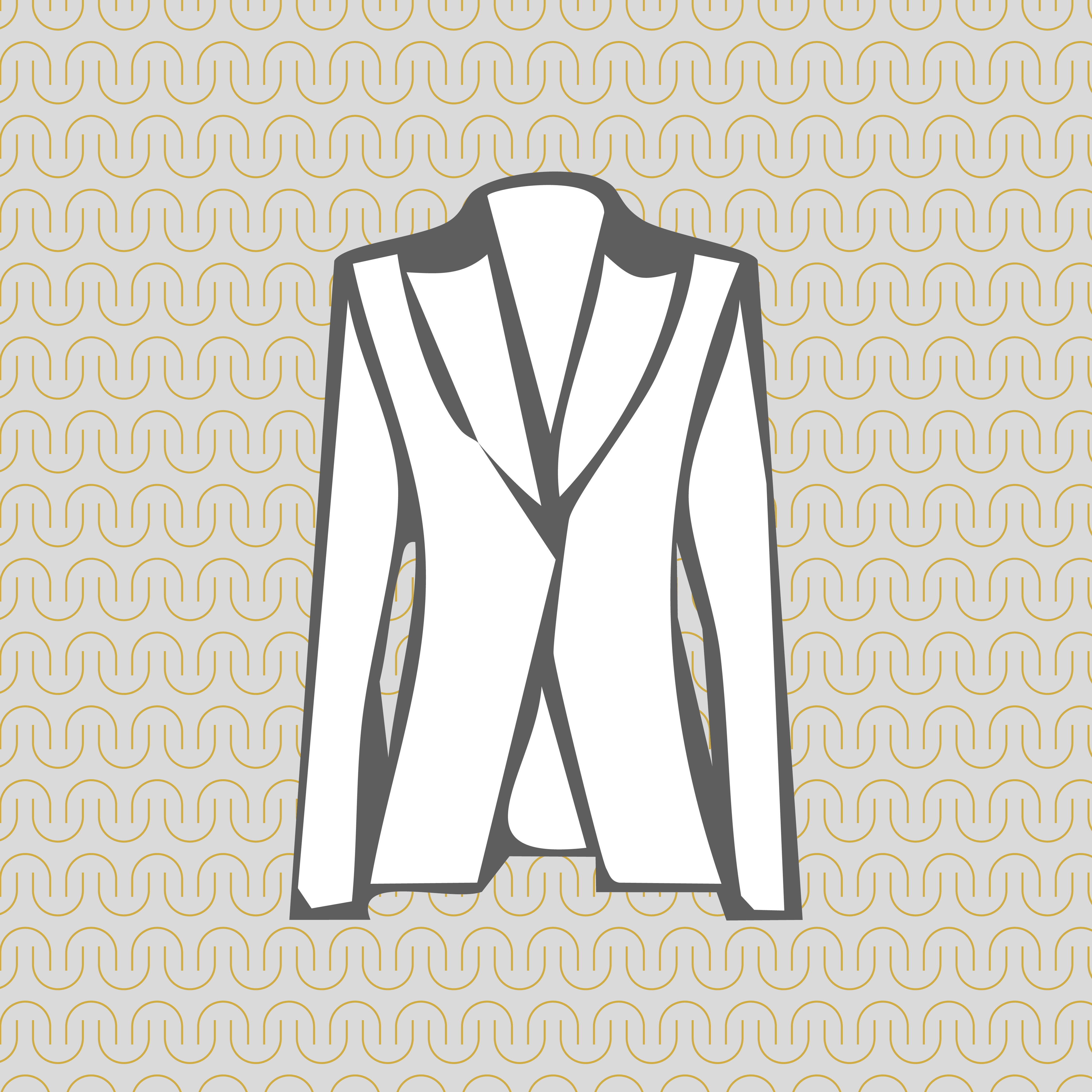 A stylized icon of a women's blazer with a pattern of Must Have Pockets' logo in the background.