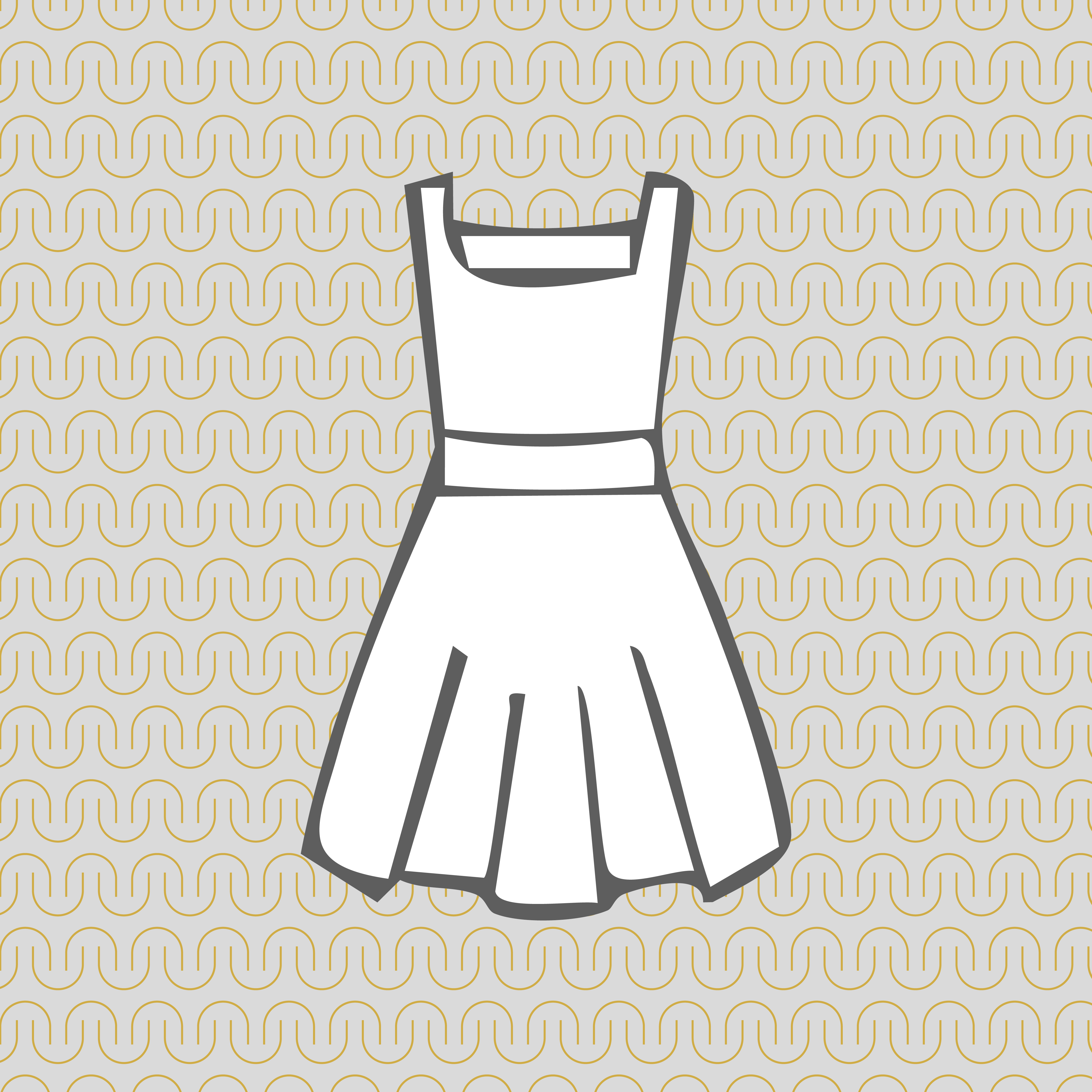 A stylized icon of a women's dress with a pattern of Must Have Pockets' logo in the background.
