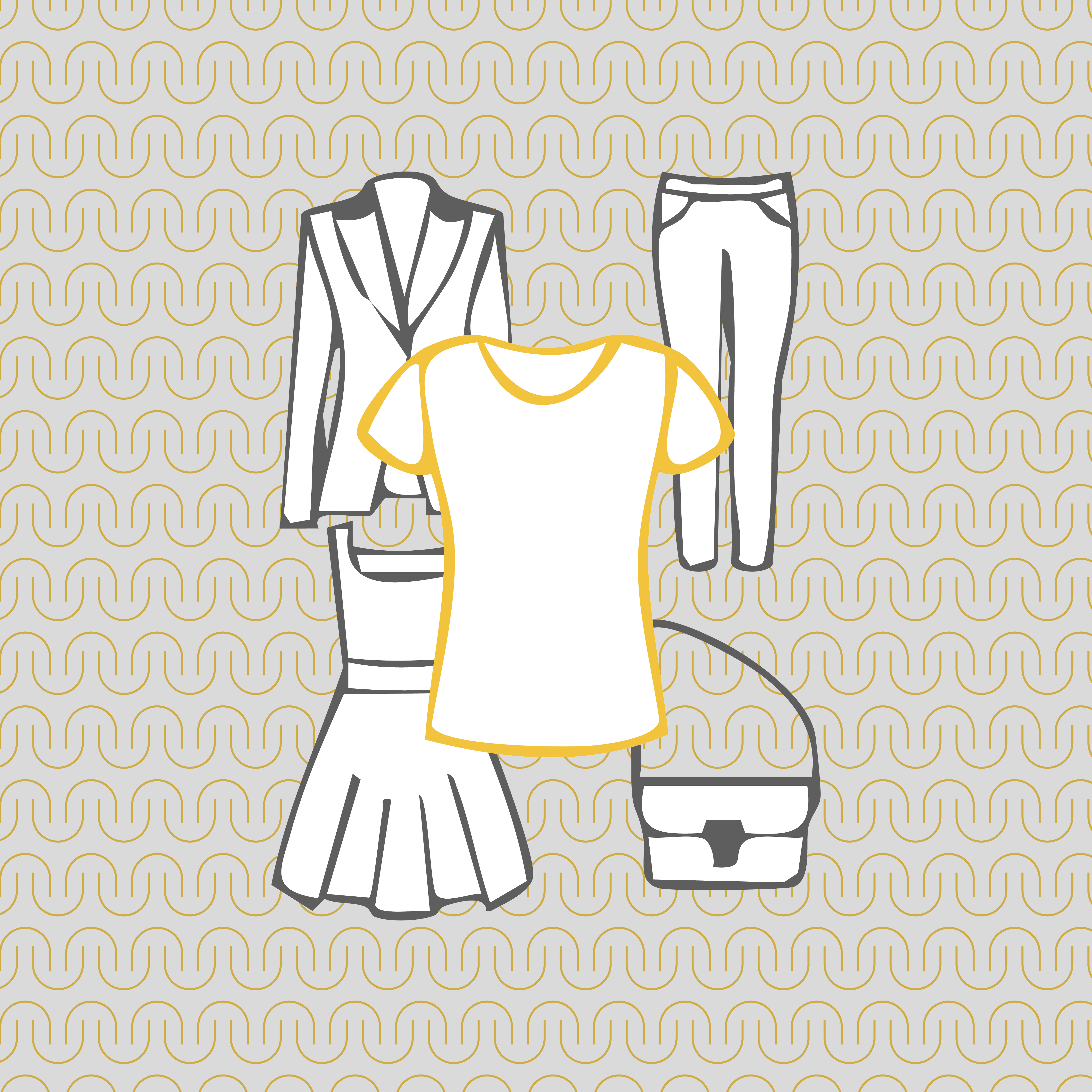 Stylized icons of a women's blazer, women's jeans, a women's dress, a women's t-shirt, and a women's purse with a pattern of Must Have Pockets' logo in the background.