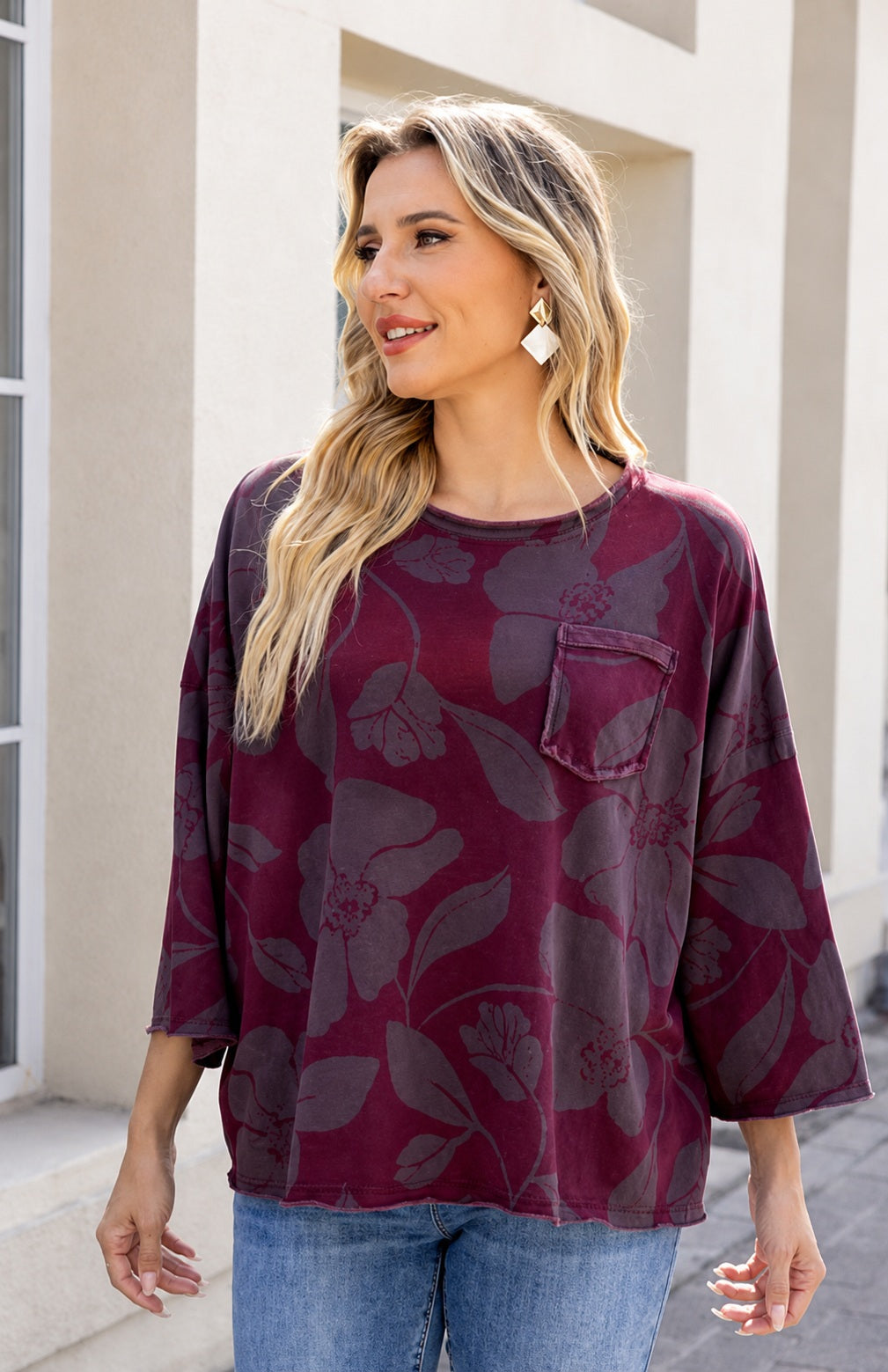 OVF FRENCH TERRY FLORAL POCKET TOP