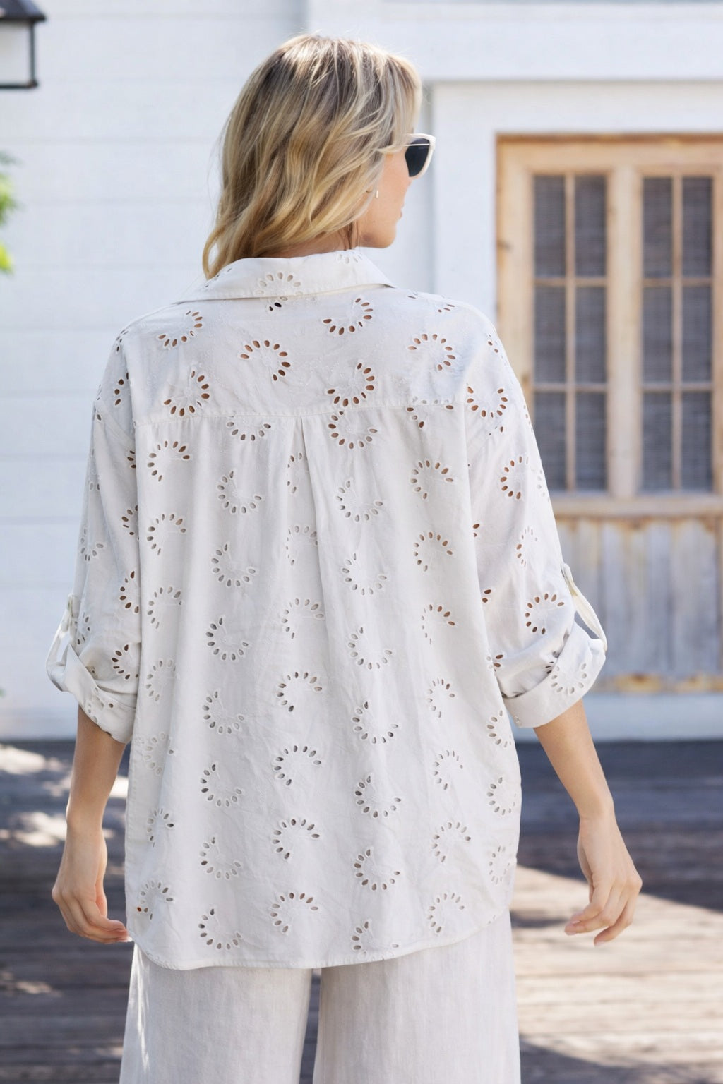 OVF COLLARED EYELET LONG SHIRT