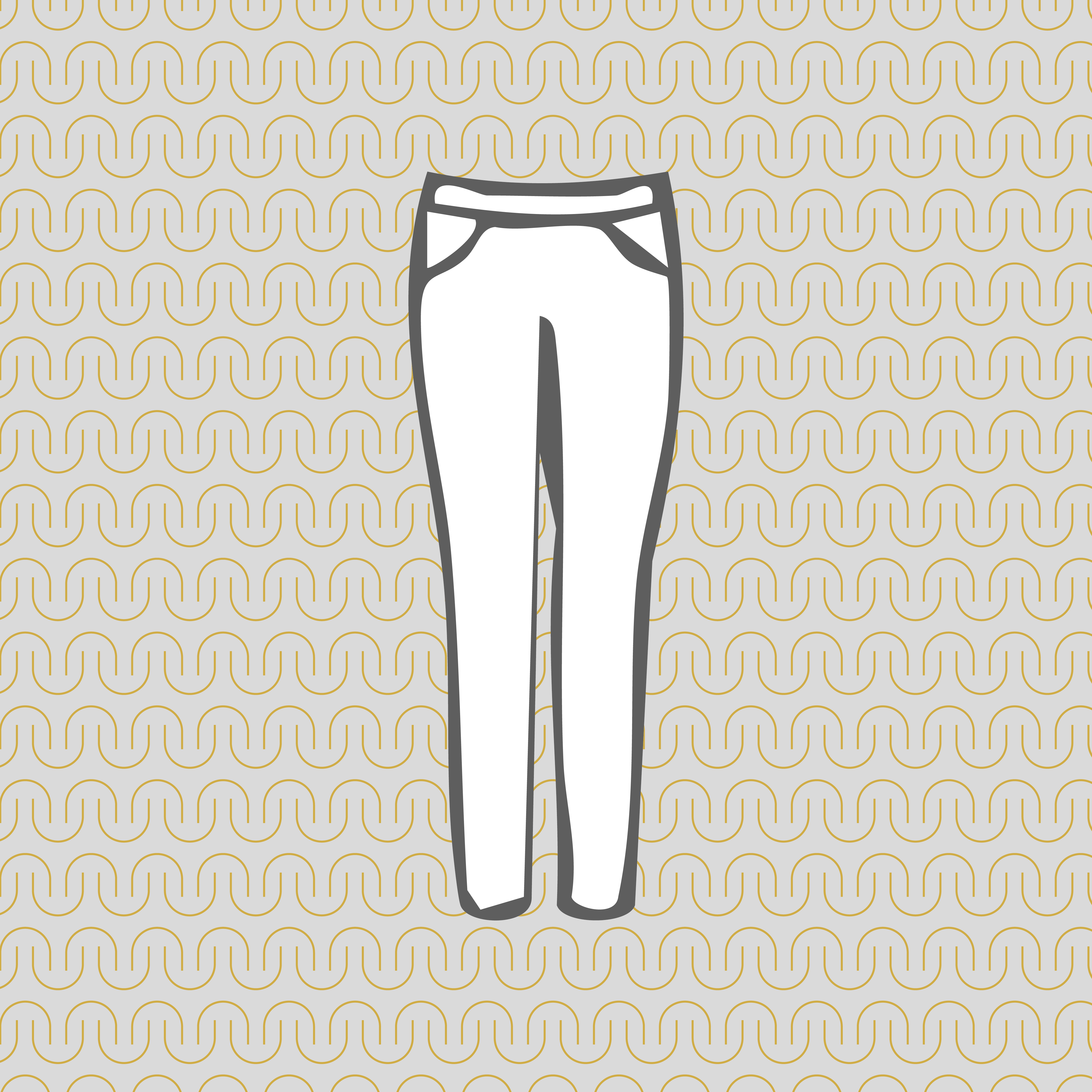 A stylized icon of women's pants with a pattern of Must Have Pockets' logo in the background.