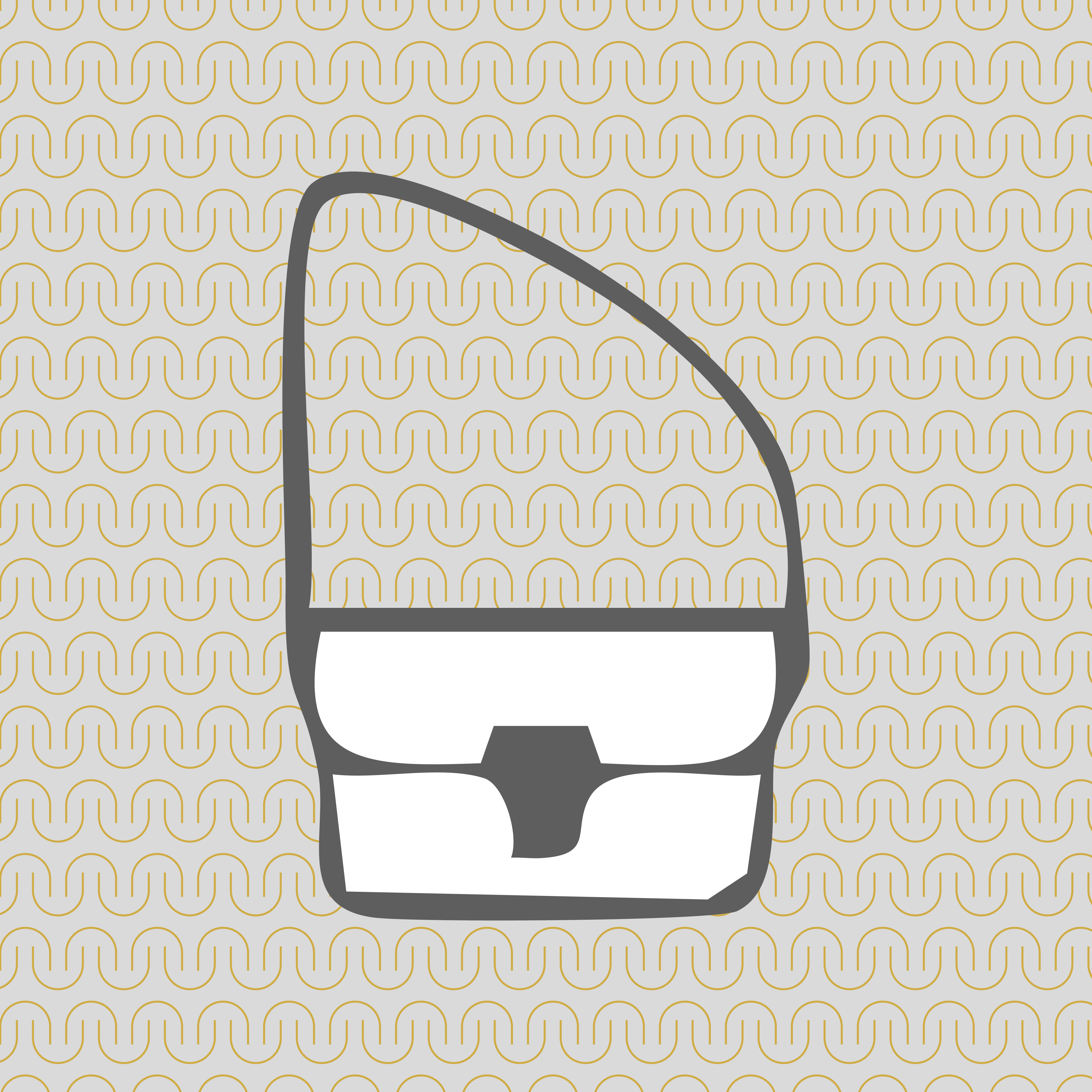 A stylized icon of a women's purse with a pattern of Must Have Pockets' logo in the background.