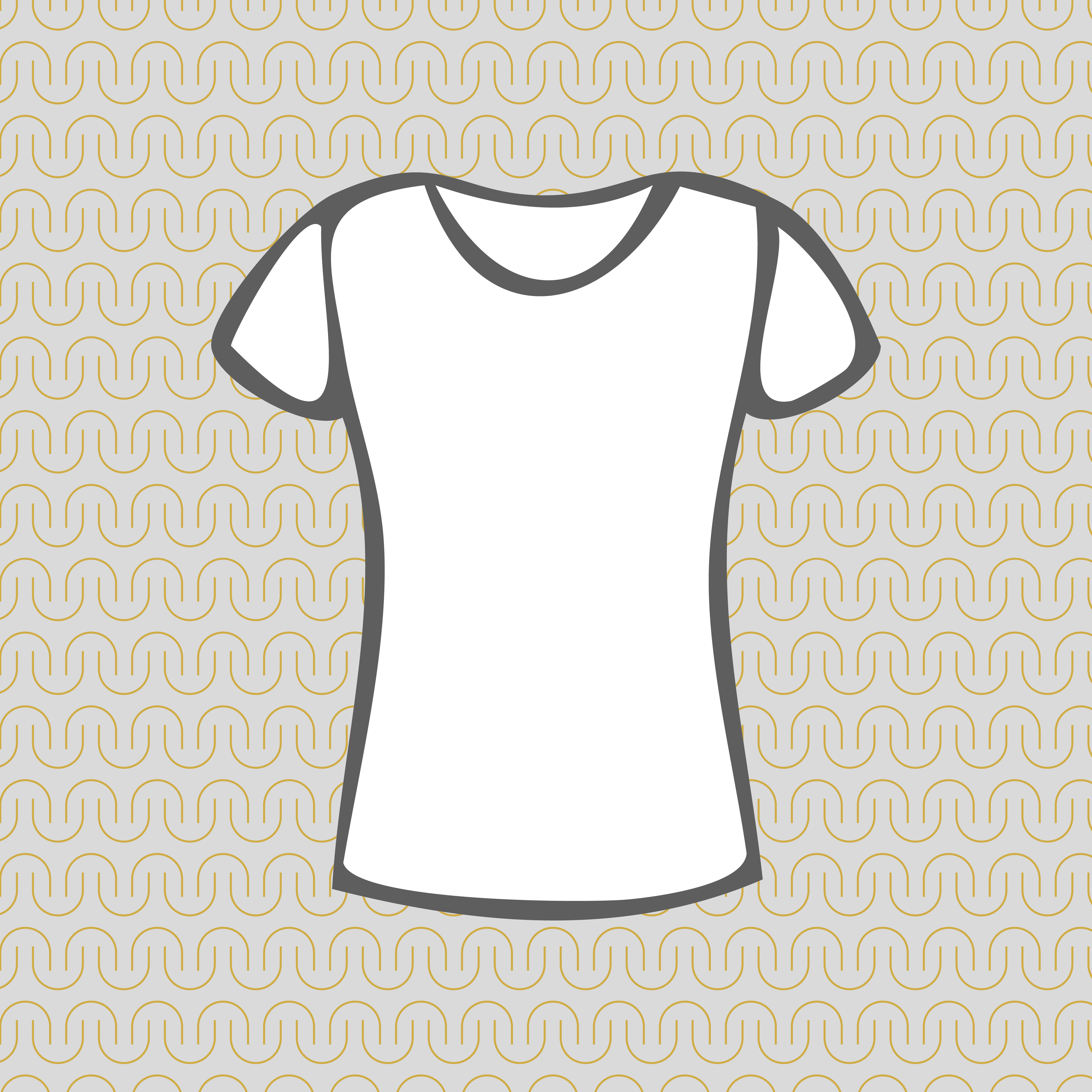 A stylized icon of a women's t-shirt with a pattern of Must Have Pockets' logo in the background.